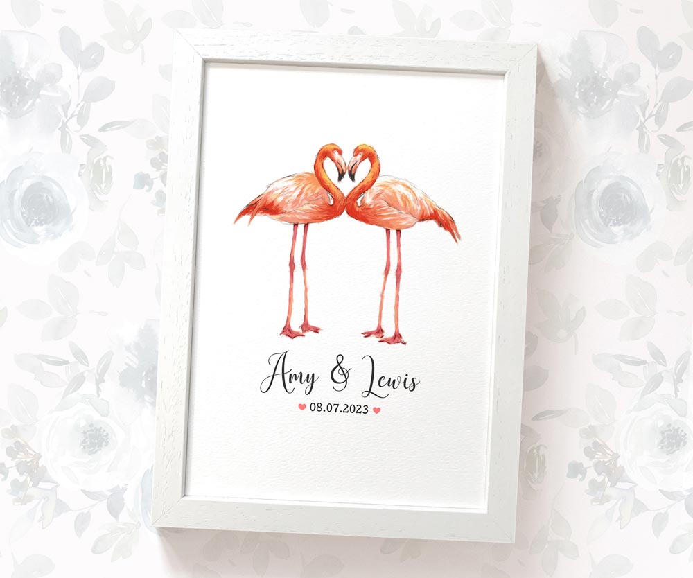 Personalized Flamingos Couple A4 Framed Print Featuring Newlywed Names And Date For A Unique Wedding Gift