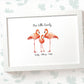 Family of flamingos A3 framed print personalised with names for a unique baby shower gift