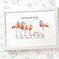 Flamingo family portrait personalised with names displayed in an A4 white wood frame for a thoughful gift for mum