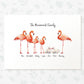 Flamingo family portrait featuring grandma grandad and grandchildren and personalised names for the best grandparents gift