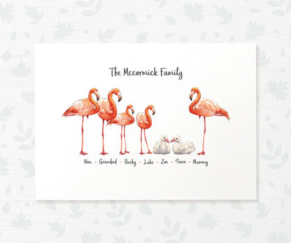 Flamingo family portrait featuring grandma grandad and grandchildren and personalised names for the best grandparents gift