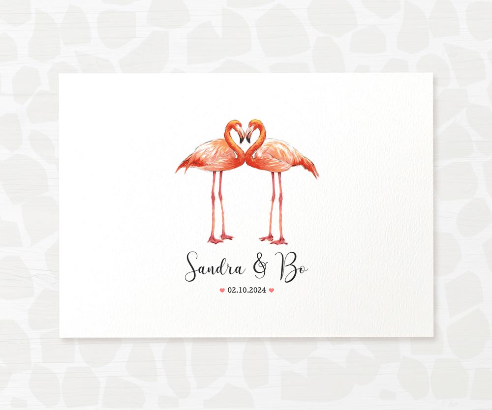 Two Flamingos A3 Unframed Art Print Personalized With Names And Date For A Heartwarming Valentines Day Gift
