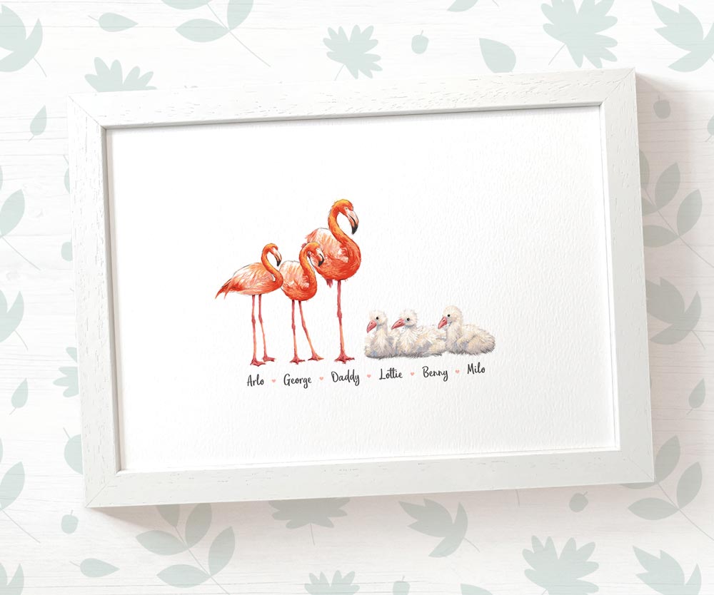 Framed flamingo family print featuring dad and children with names for the best fathers day gift