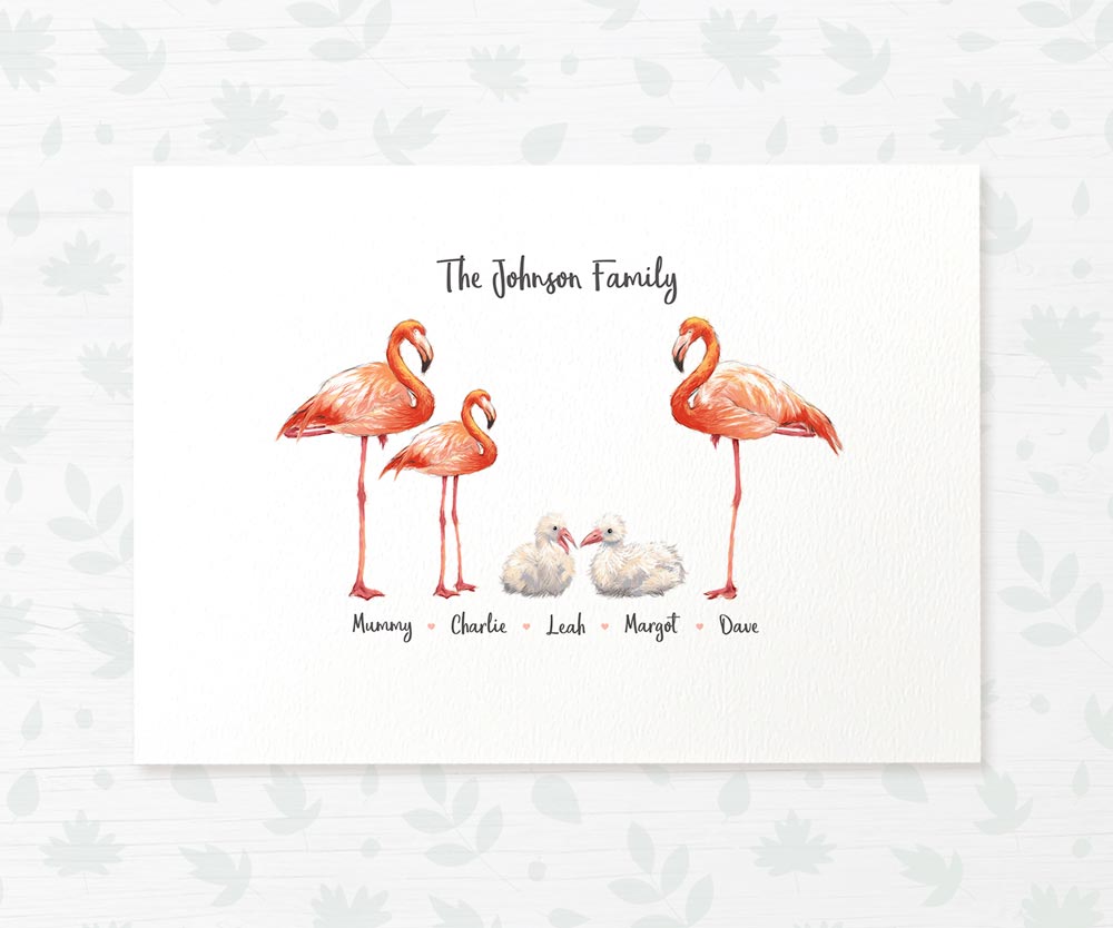 Printed A4 illustration of a flamingo family of 5 personalised with names for a special mothers day presentothers day present