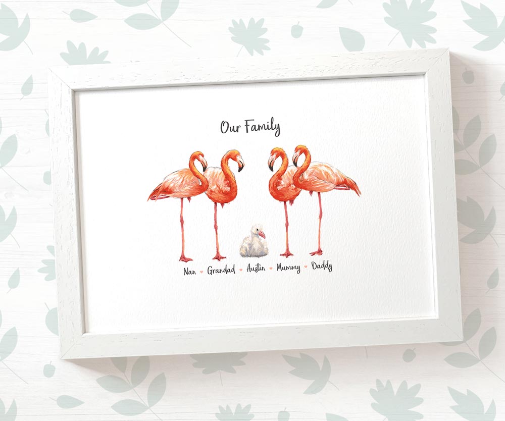 White framed A4 flamingo family portrait with personalised names for the perfect birthday gift for mum
