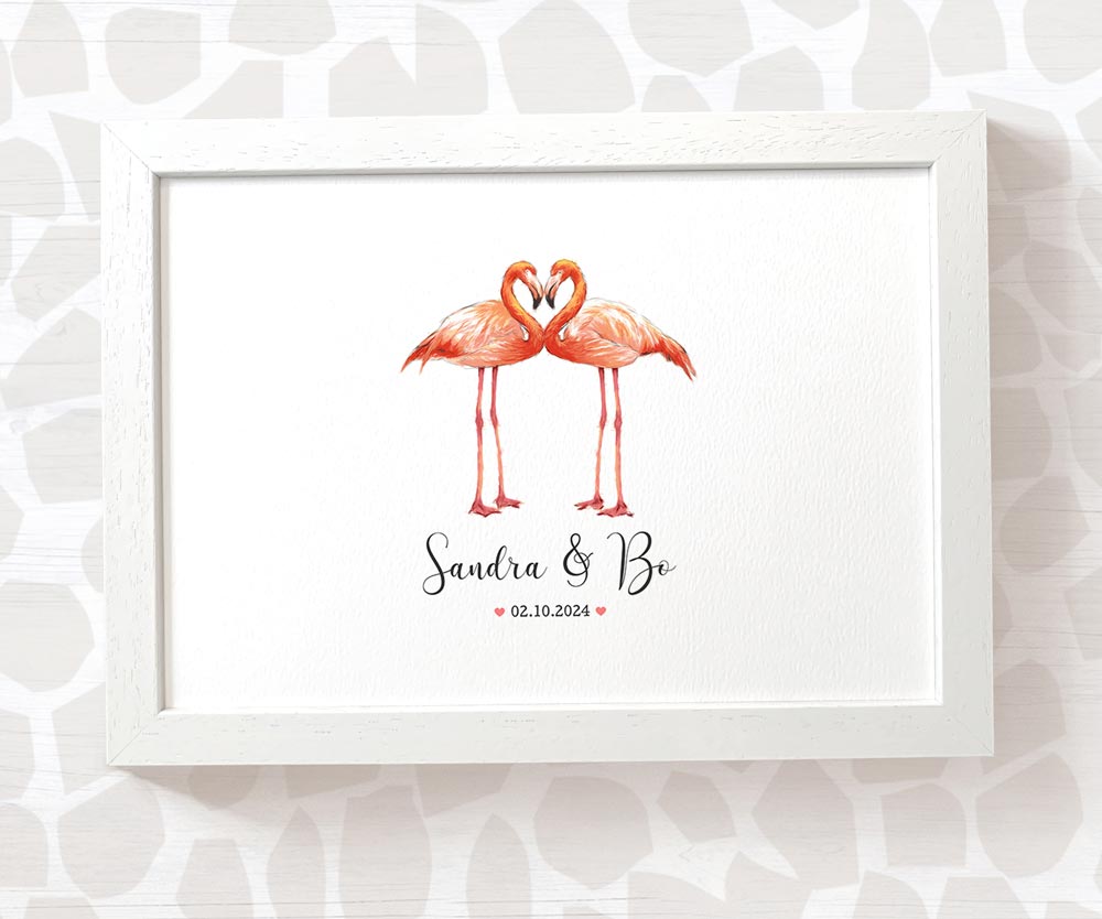 Flamingo Couple A4 Framed Print Personalized With Names And Date For An Exceptional First Anniversary Gift Idea