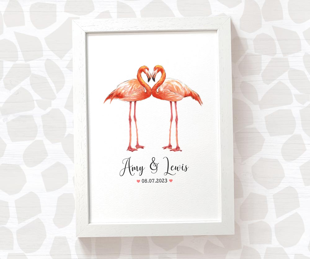 Personalized Flamingo Couple A4 Framed Print Featuring Names and Date For A Special First Anniversary Gift