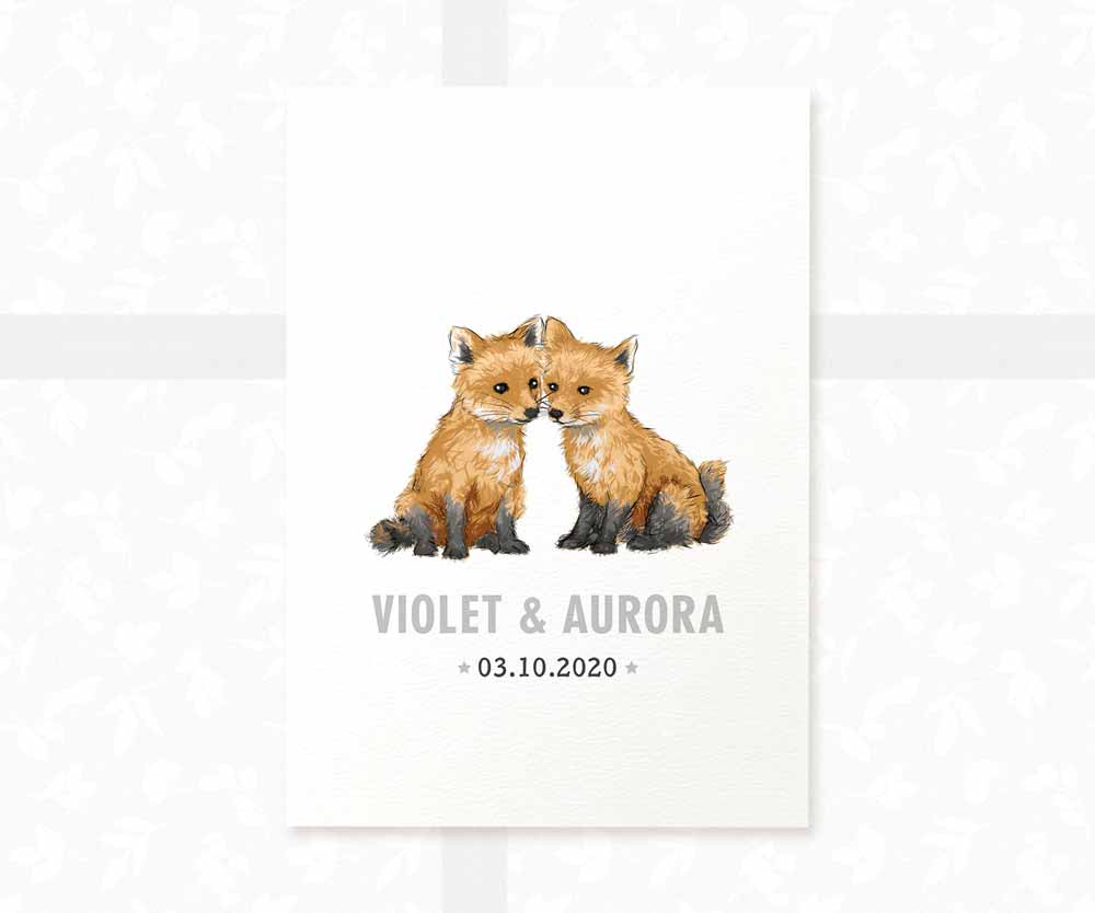 Fox Personalised Baby Name Print for Twins