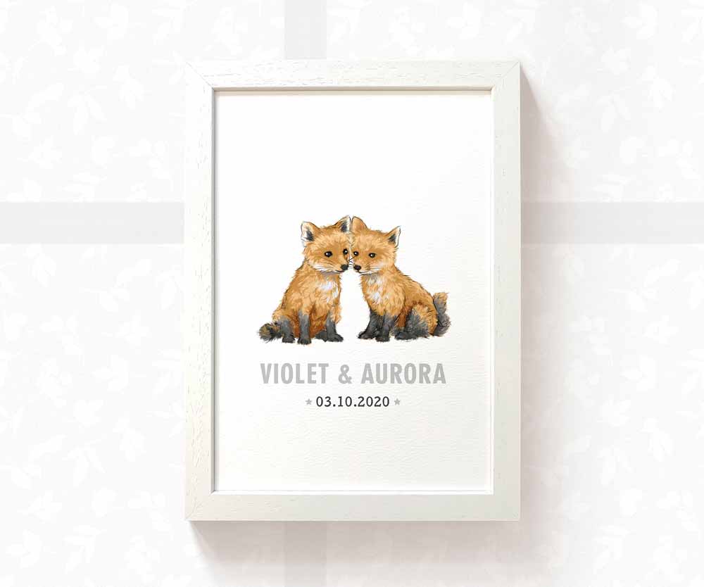 Fox Personalised Baby Name Print for Twins