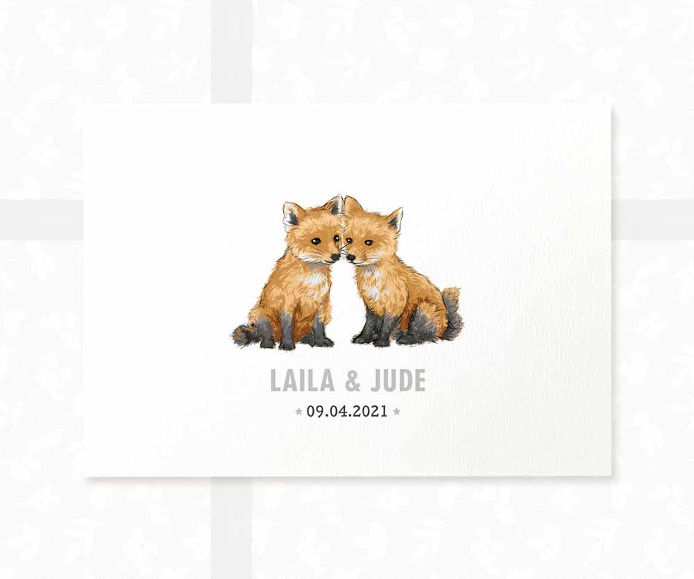 Fox Personalised Baby Name Print for Twins