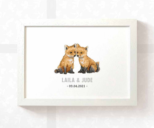 Fox Personalised Baby Name Print for Twins