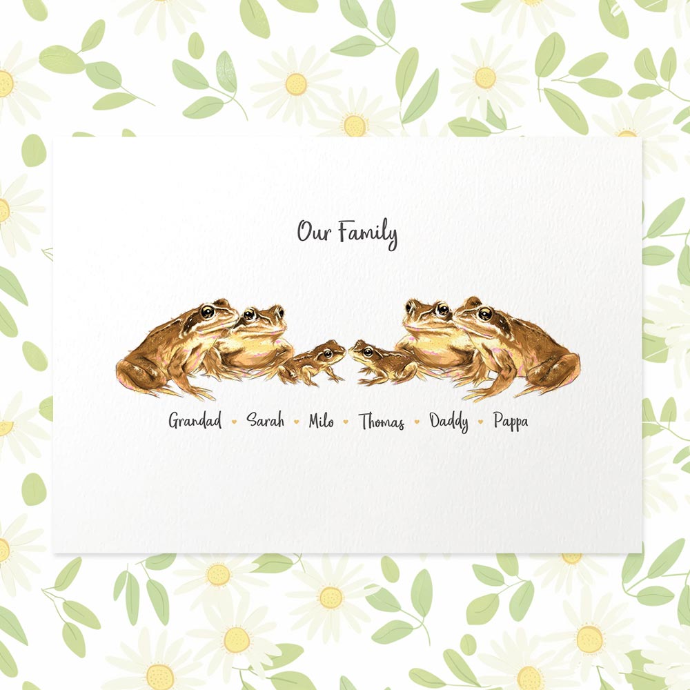 Frog family portrait with personalised names for the perfect fathers day gift for dad