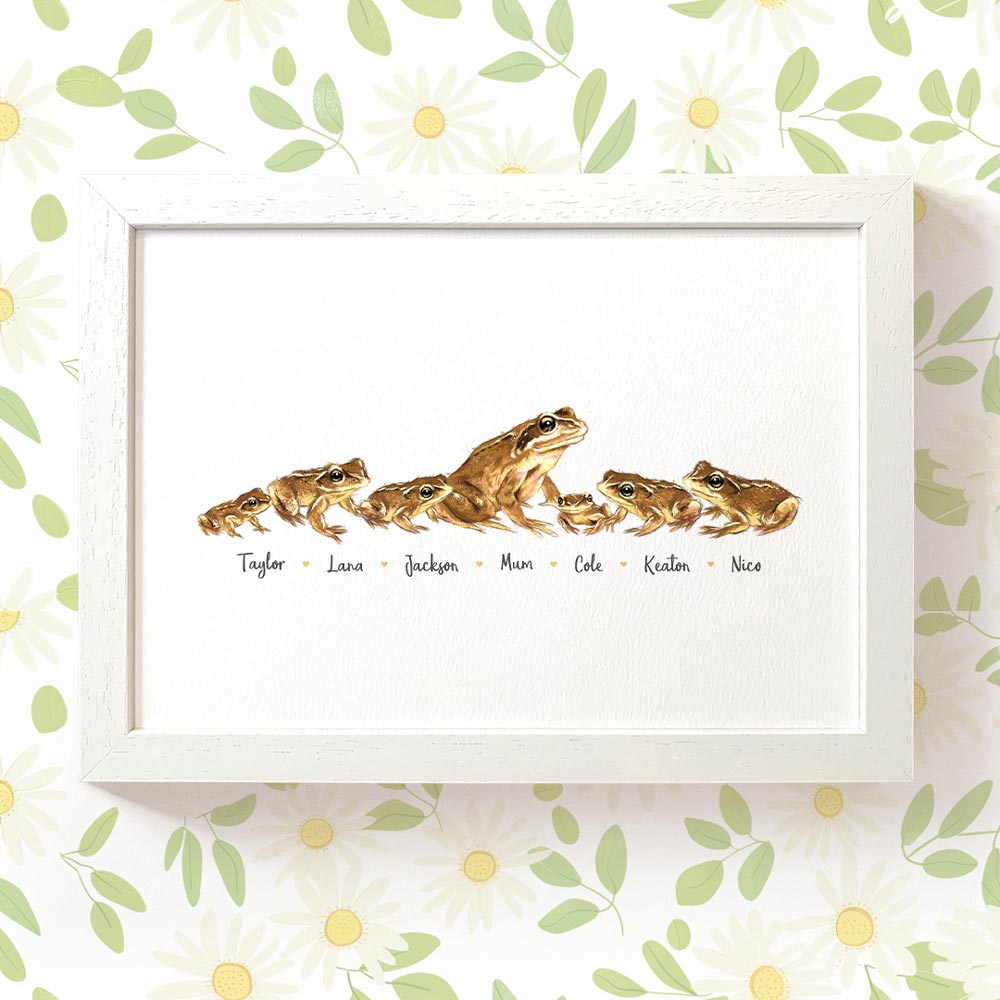 Printed A4 illustration of a frog family of 7 personalised with names for a special mothers day present