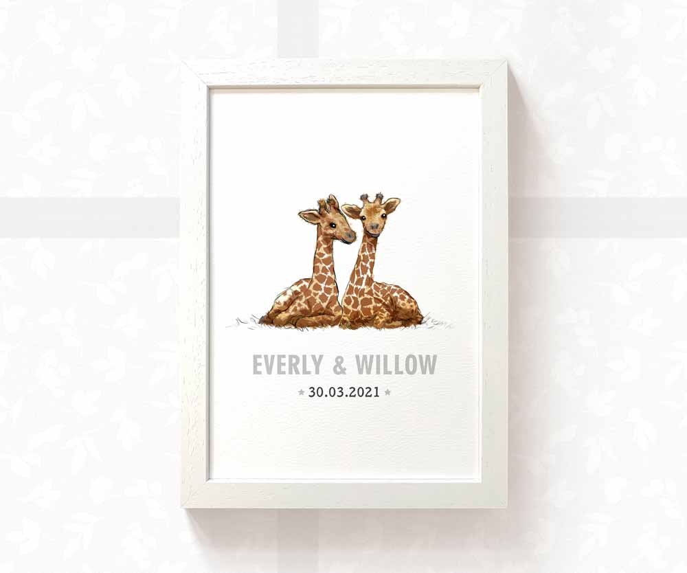 Giraffe Personalised Baby Name Print for Twins