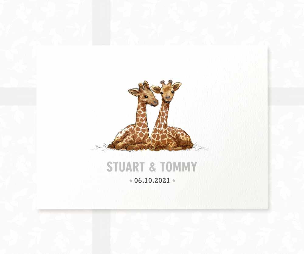 Giraffe Personalised Baby Name Print for Twins