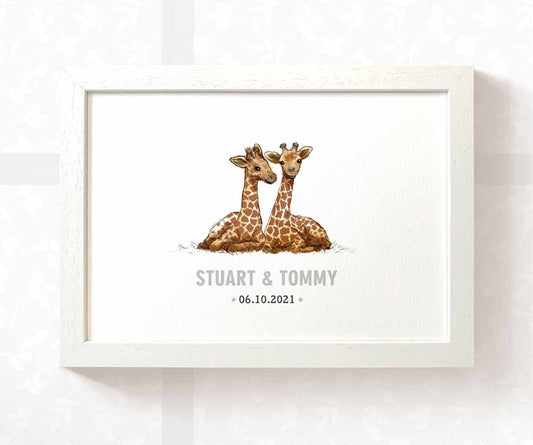 Giraffe Personalised Baby Name Print for Twins