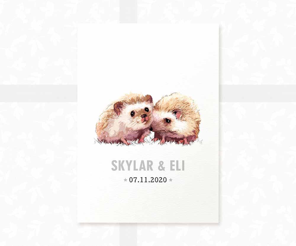 Hedgehog Personalised Baby Name Print for Twins