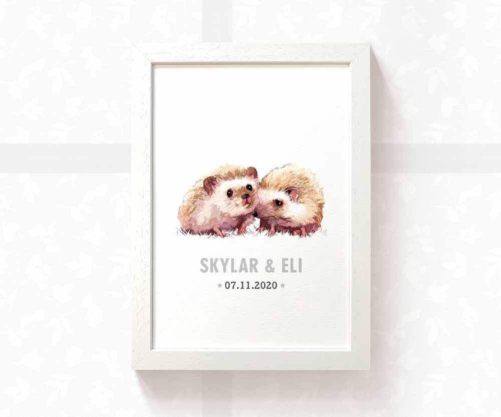 Hedgehog Personalised Baby Name Print for Twins