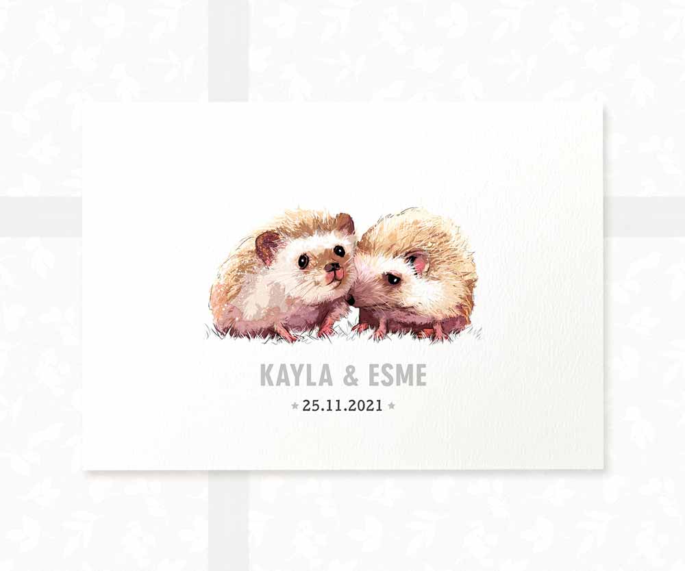 Hedgehog Personalised Baby Name Print for Twins