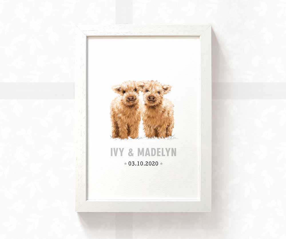 Highland Cow Personalised Baby Name Print for Twins