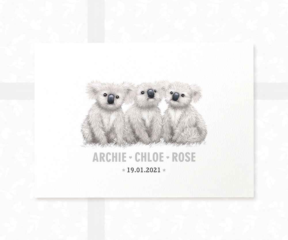 Koala Personalised Baby Name Print for Triplets