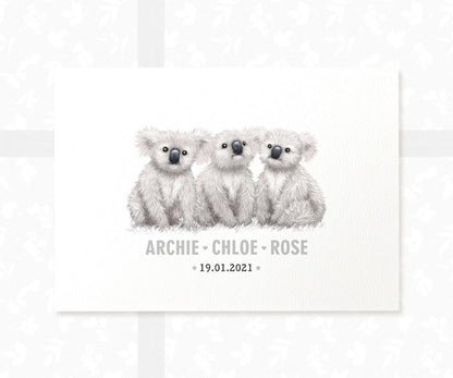Koala Personalised Baby Name Print for Triplets