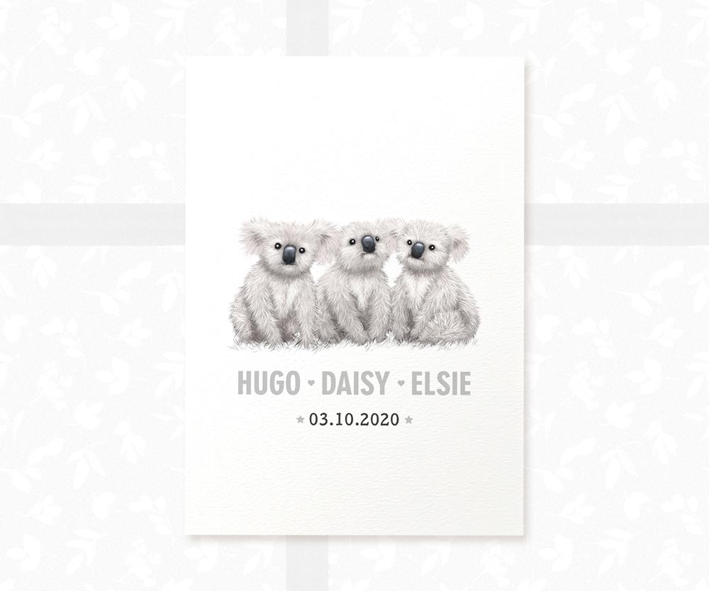 Koala Personalised Baby Name Print for Triplets