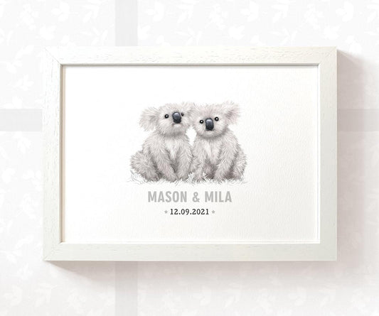 Koala Personalised Baby Name Print for Twins