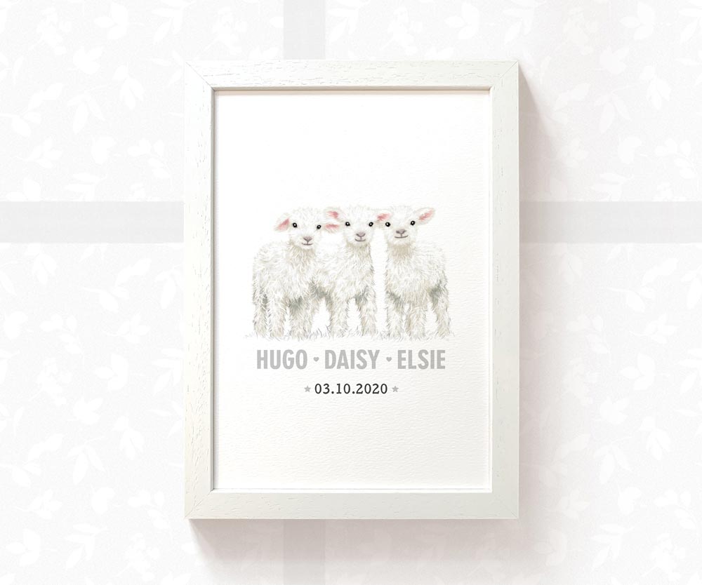 Lamb Personalised Baby Name Print for Triplets