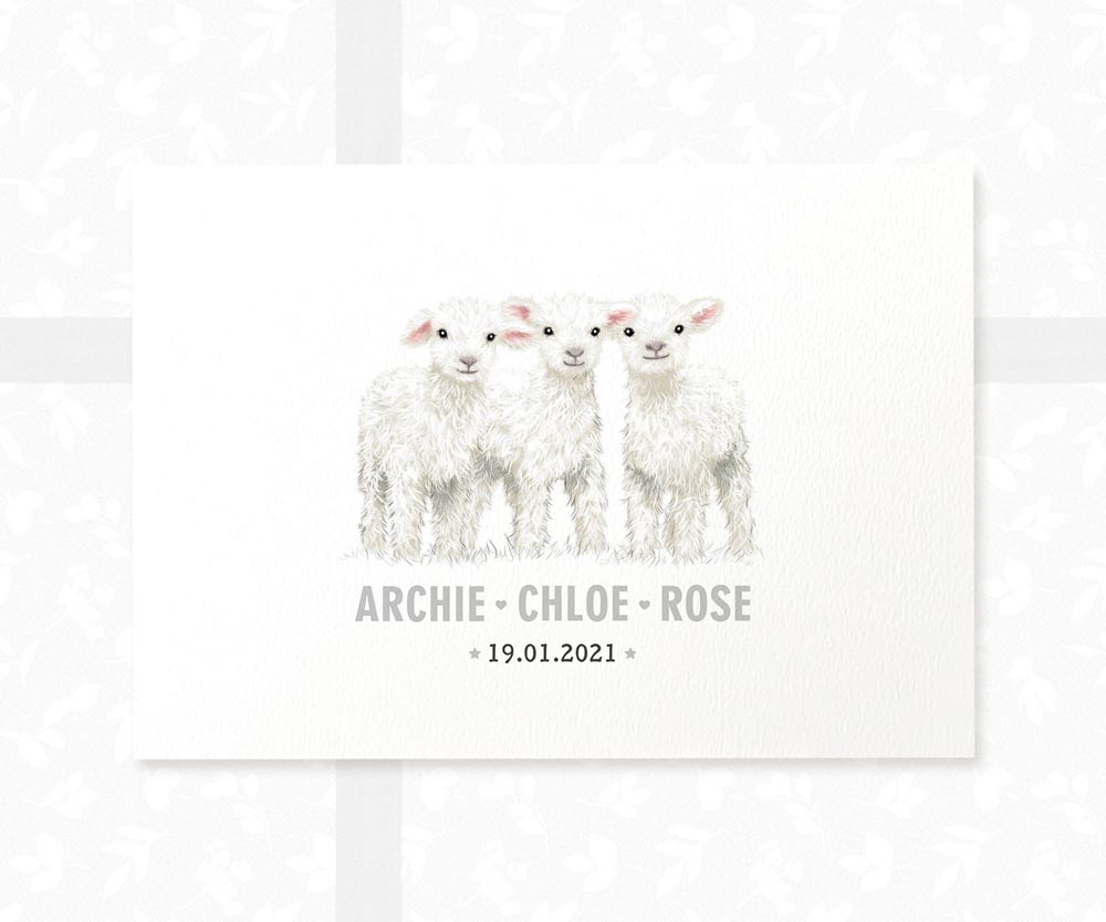 Lamb Personalised Baby Name Print for Triplets