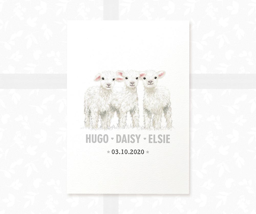 Lamb Personalised Baby Name Print for Triplets
