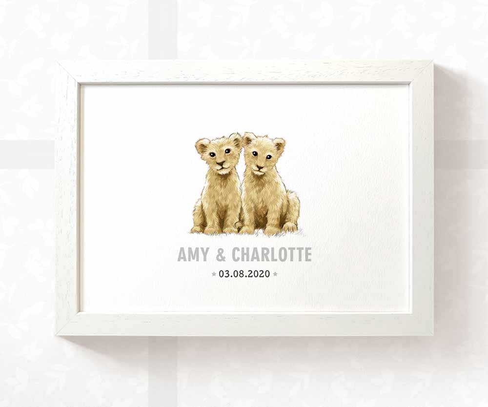 Lion Personalised Baby Name Print for Twins