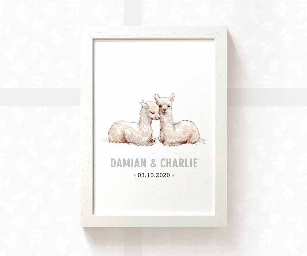 Llama Personalised Baby Name Print for Twins