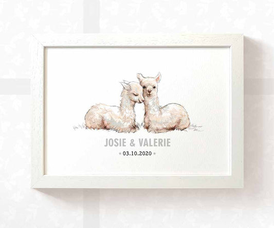 Llama Personalised Baby Name Print for Twins