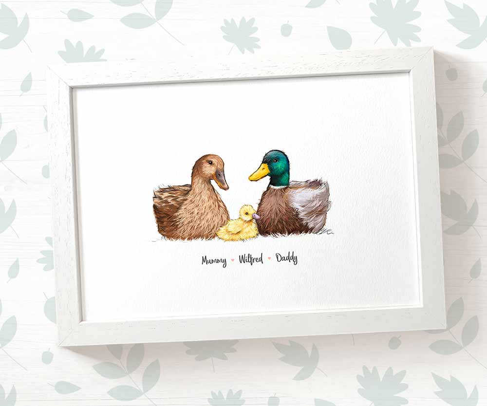 White framed A4 family portrait of 4 ducks with personalised names for the perfect birthday gift for mum