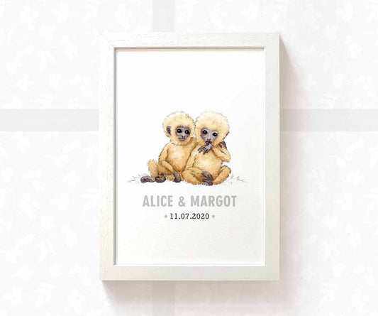 Monkey Personalised Baby Name Print for Twins