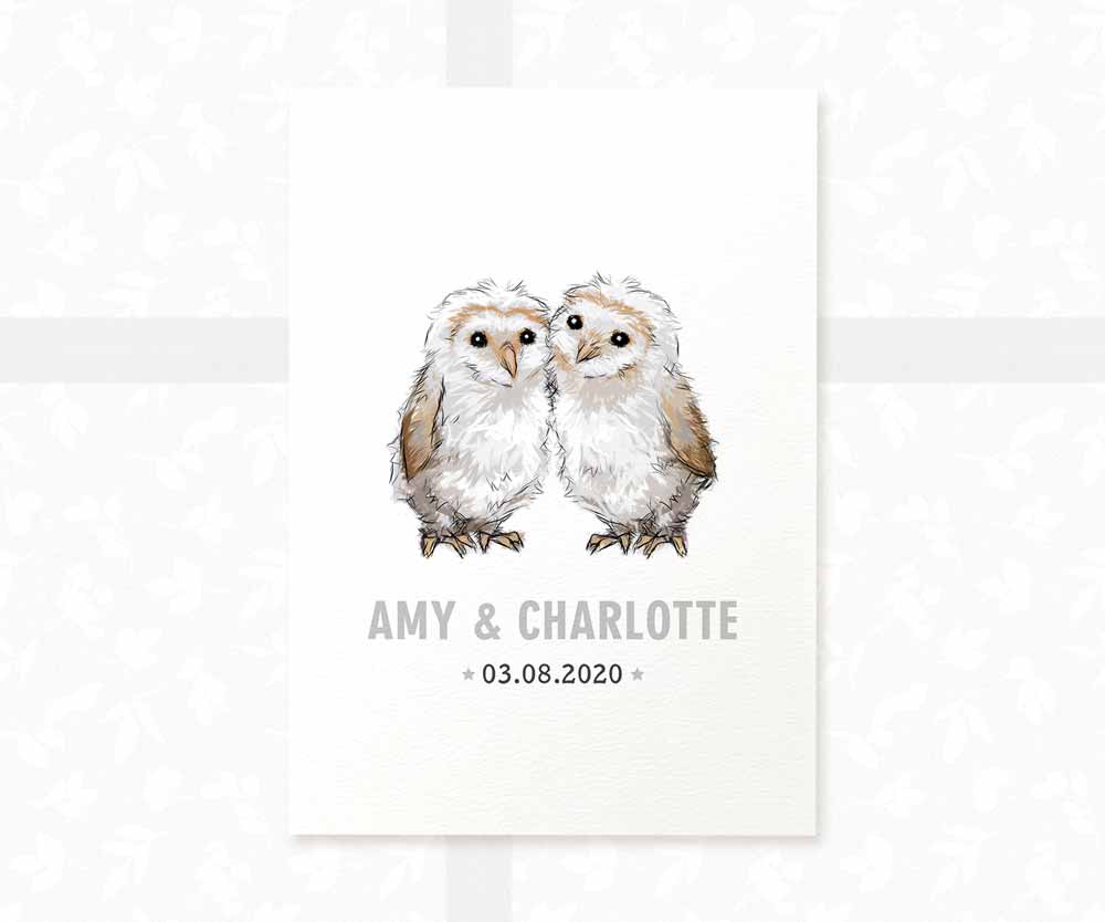 Owl Personalised Baby Name Print for Twins