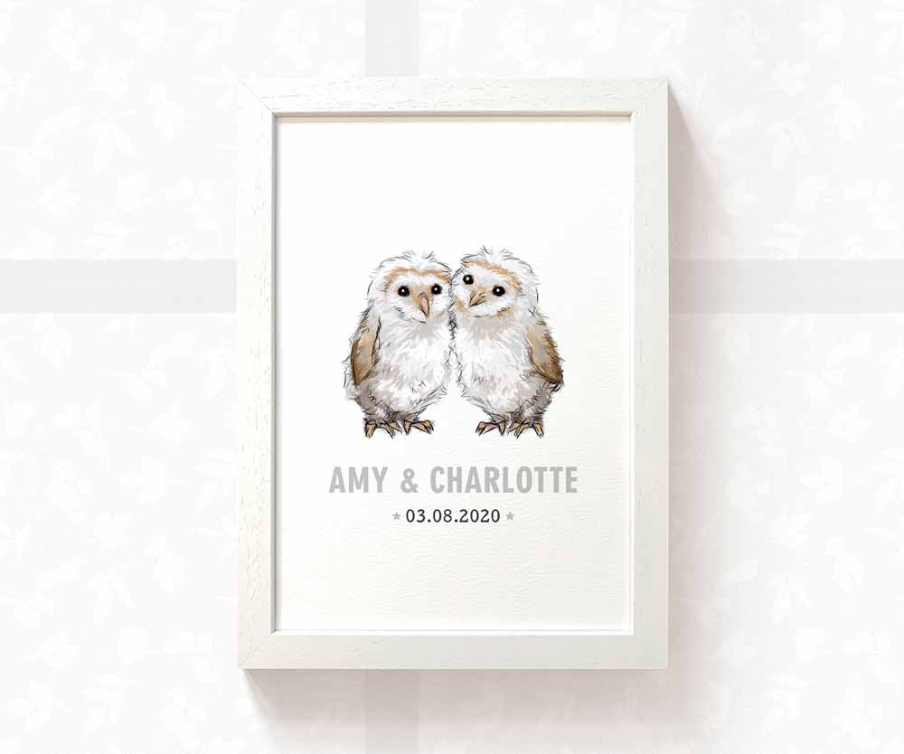 Owl Personalised Baby Name Print for Twins