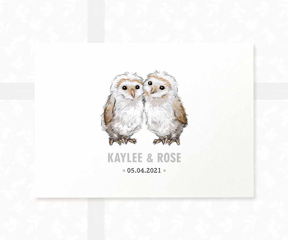 Owl Personalised Baby Name Print for Twins