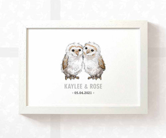 Owl Personalised Baby Name Print for Twins