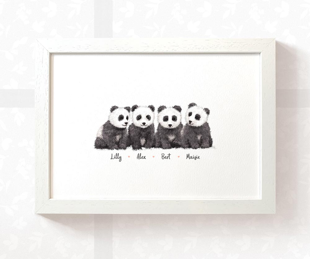 Four baby pandas framed A3 family print with names for a unique baby shower gift