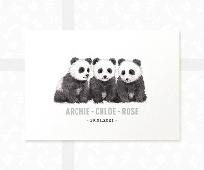 Panda Personalised Baby Name Print for Triplets