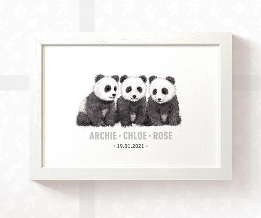 Panda Personalised Baby Name Print for Triplets
