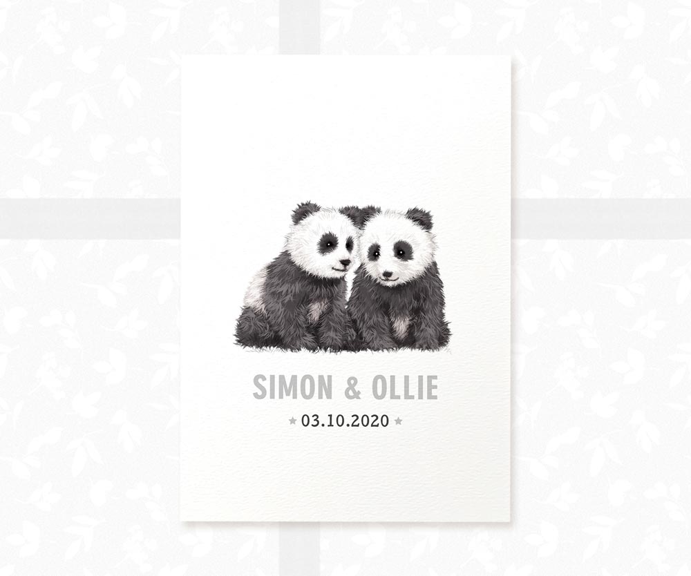 Panda Personalised Baby Name Print for Twins