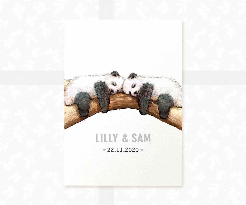 Sleeping Panda Personalised Baby Name Print for Twins