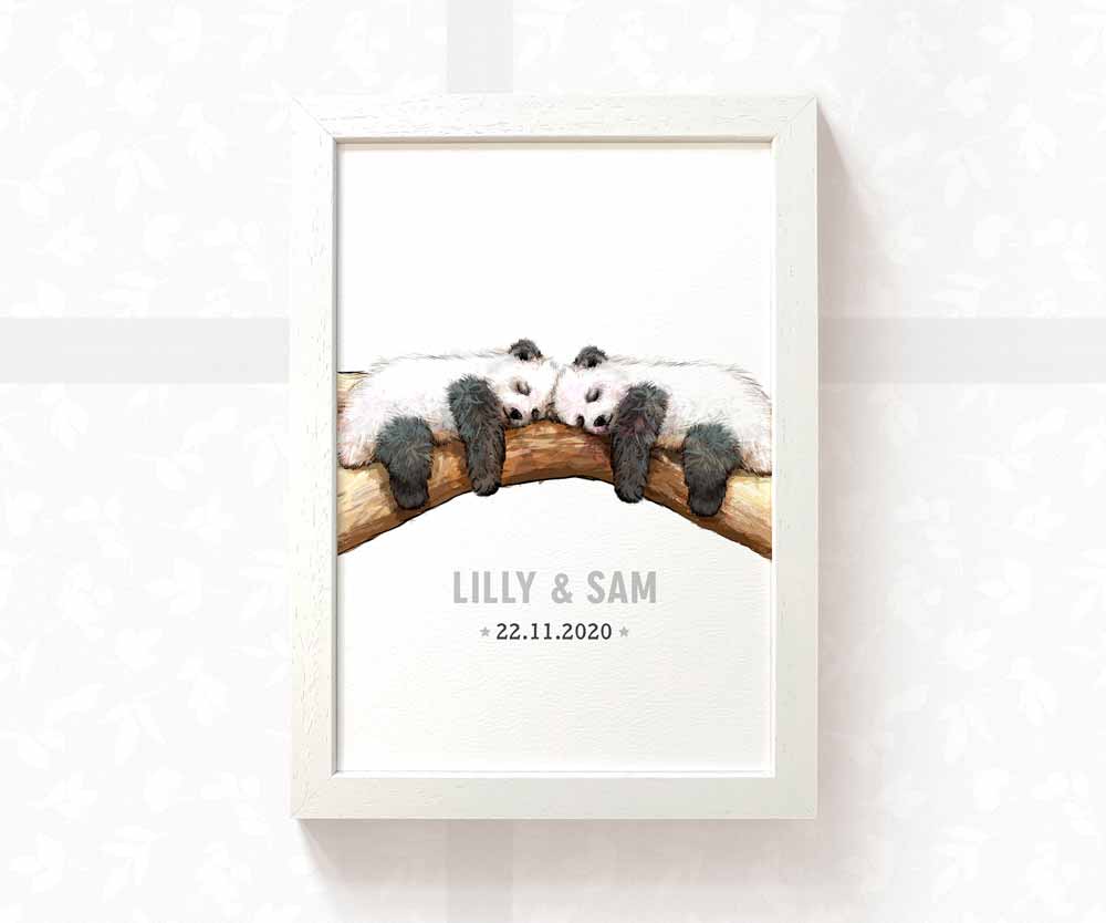 Sleeping Panda Personalised Baby Name Print for Twins