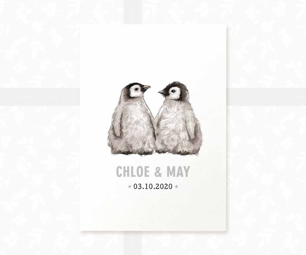 Penguin Personalised Baby Name Print for Twins