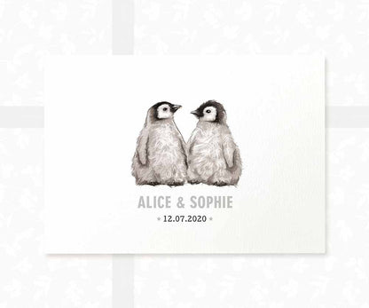 Penguin Personalised Baby Name Print for Twins