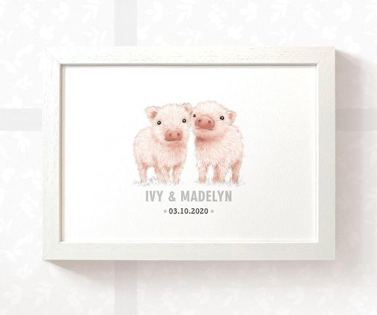 Pig Personalised Baby Name Print for Twins