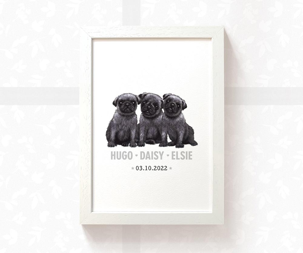 Pug Personalised Baby Name Print for Triplets